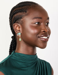 Designed with statement drop earrings featuring gold finish and multicolored diamante cluster in aquamarine, pale green, and pink tones on model view - link has visual effect only