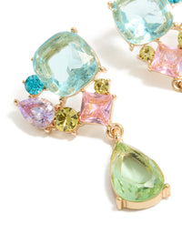 Crafted with statement drop earrings in gold finish featuring multicolored diamante cluster with aquamarine, pale green, and pink stones close up view - link has visual effect only