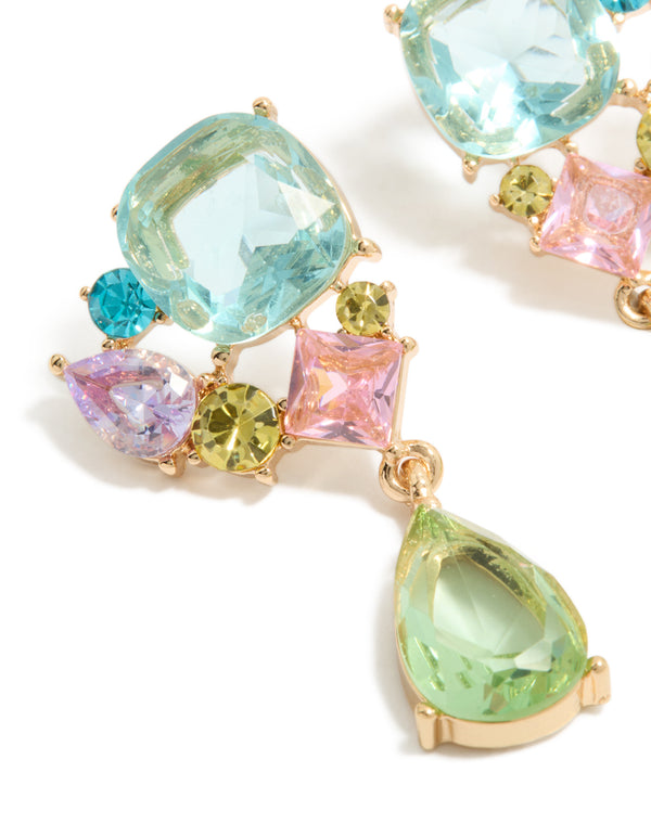 Crafted with statement drop earrings in gold finish featuring multicolored diamante cluster with aquamarine, pale green, and pink stones close up view