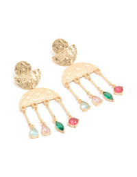 Showcasing statement drop earrings with charm accents in worn gold featuring pink and green diamantes front view - link has visual effect only