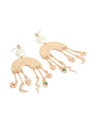 Showcasing brushed gold rainbow and celestial charm drop earrings in a statement style, featuring moon, pearl, star, sun, snake, and hamsa hand charms front view - link has visual effect only