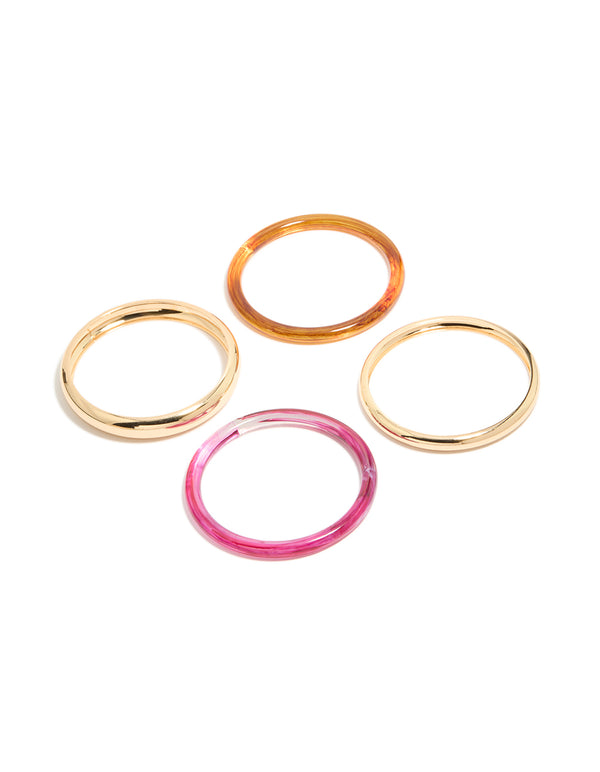 Showcasing a gold brown and dark pink acrylic 4-pack bangle set front view
