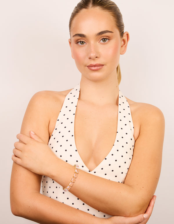 Crafted from gold with light pink diamantes bracelet on model view
