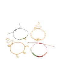 Showcase four gold celestial beaded bracelets featuring star sun moon cord in teal coral black front view - link has visual effect only
