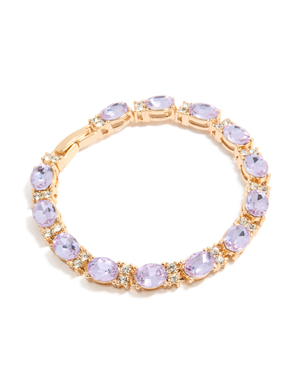 Featuring a statement gold bracelet with purple diamantes, thistle and clear tones front view