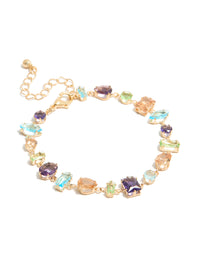 Showcasing a gold irregular shaped multicoloured diamantes stackable bracelet front view - link has visual effect only