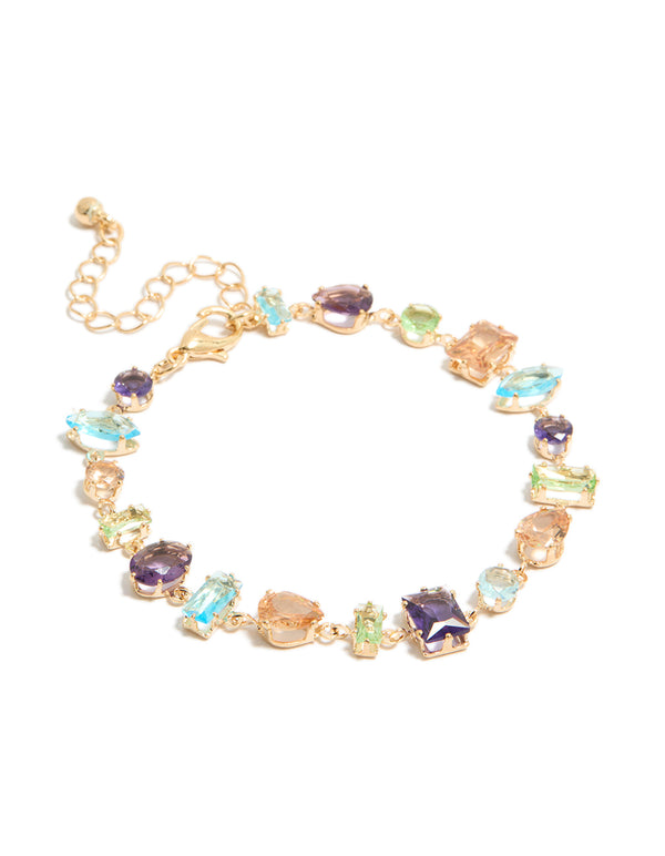 Showcasing a gold irregular shaped multicoloured diamantes stackable bracelet front view