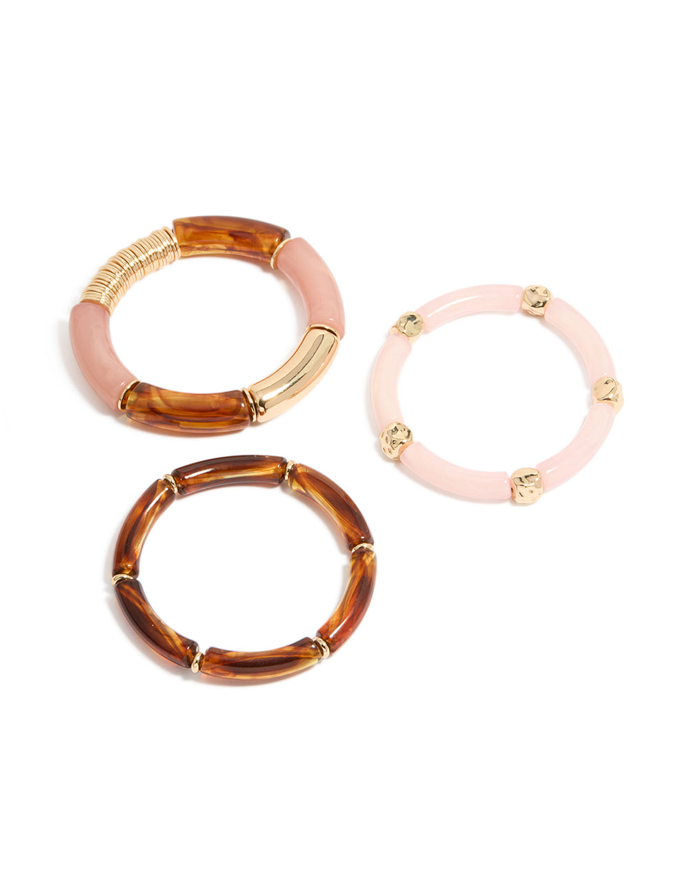 Showcasing mixed pink resin and gold stretch bracelets with beaded details in a 3-pack front view