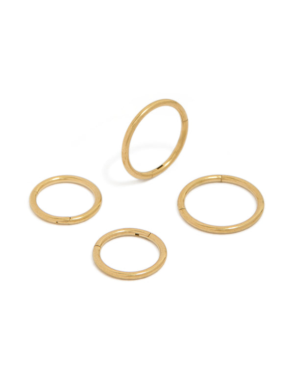 Showcasing waterproof gold plated stainless steel mixed size sleeper hoop earrings in a 2-pack front view