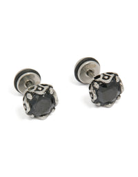 Crafted from waterproof stainless steel, these mens black cubic zirconia flat back stud earrings front view - link has visual effect only