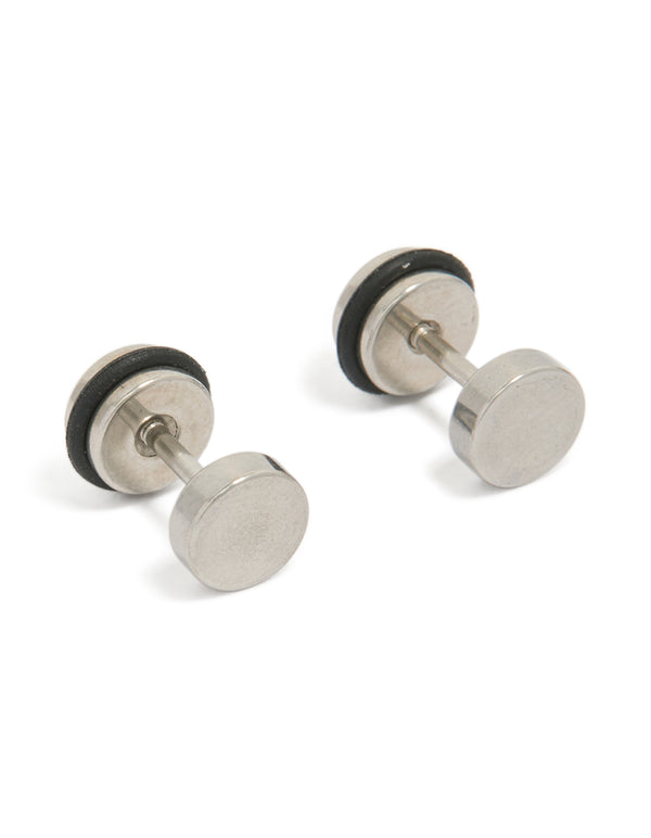 Showcasing mens waterproof stainless steel round flat back stud earrings in silver and black front view