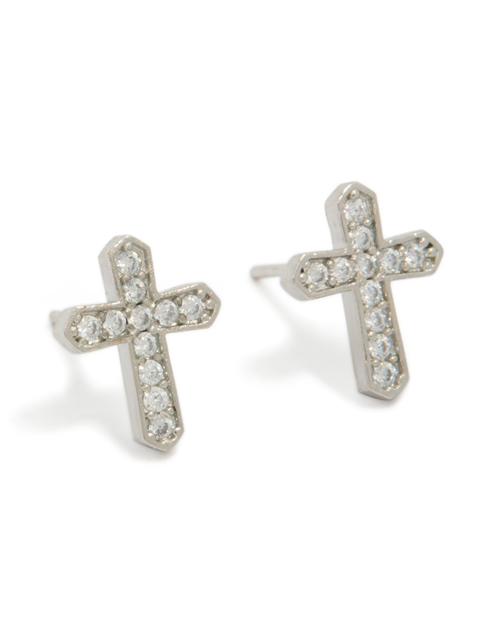 Showcasing mens waterproof stainless steel cubic zirconia cross detail stud earrings crafted from silver and white materials with a front view