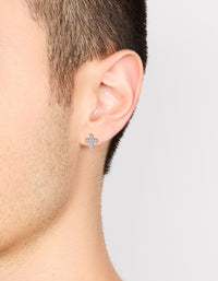 Featuring mens waterproof stainless steel cubic zirconia cross detail stud earrings with on ear view - link has visual effect only