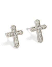 Showcasing mens waterproof stainless steel cubic zirconia cross detail stud earrings crafted from silver and white materials with a front view - link has visual effect only