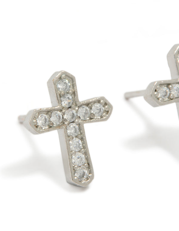 Capturing mens waterproof stainless steel cubic zirconia cross detail stud earrings with close up view