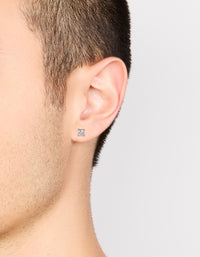 Presenting mens waterproof mini square clear cubic zirconia stud earrings in stainless steel with silver on ear view - link has visual effect only