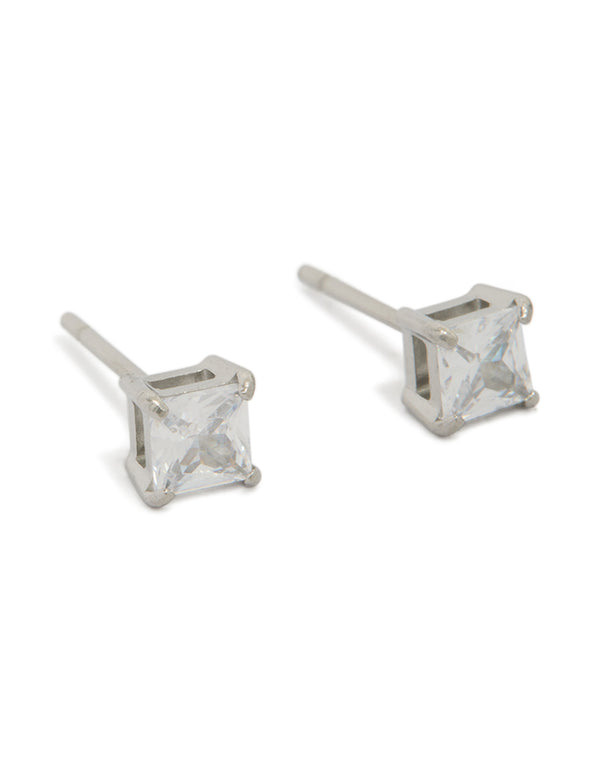 Showcasing mens waterproof mini square clear cubic zirconia stud earrings crafted from stainless steel in silver front view
