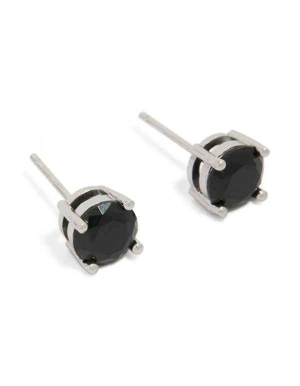 Showcasing mens round cut stud earrings crafted from waterproof stainless steel with black cubic zirconia in silver front view