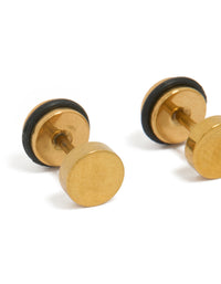 Featuring mens waterproof gold plated stainless steel round flat back studs close up view - link has visual effect only