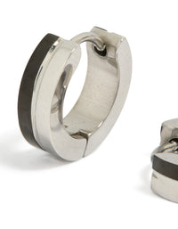 Highlighting the waterproof stainless steel construction with black enamel inlay on statement huggie earrings close up view - link has visual effect only