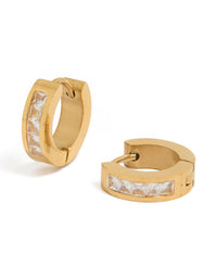 Showcasing mens waterproof square cubic zirconia huggie earrings crafted from gold plated stainless steel in a front view - link has visual effect only
