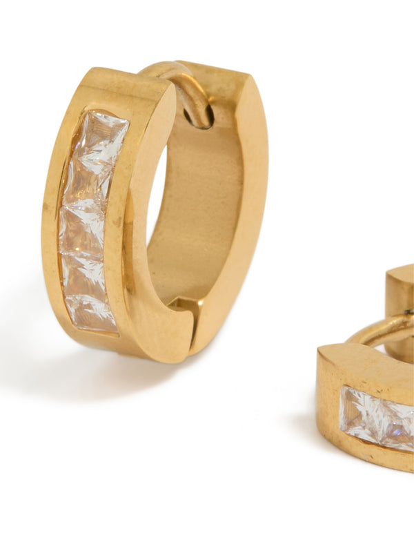 Highlighting mens waterproof square cubic zirconia huggie earrings crafted from gold plated stainless steel in a close up view