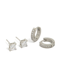 Showcasing mens waterproof stainless steel square cubic zirconia and huggie earrings in a 2-pack with crystal accents, hoop closures, and silver tone front view - link has visual effect only