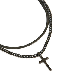 Showcasing mens waterproof black coated metal stainless steel cross and snake chain necklaces pack close up view - link has visual effect only