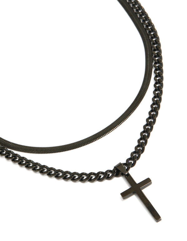 Showcasing mens waterproof black coated metal stainless steel cross and snake chain necklaces pack close up view
