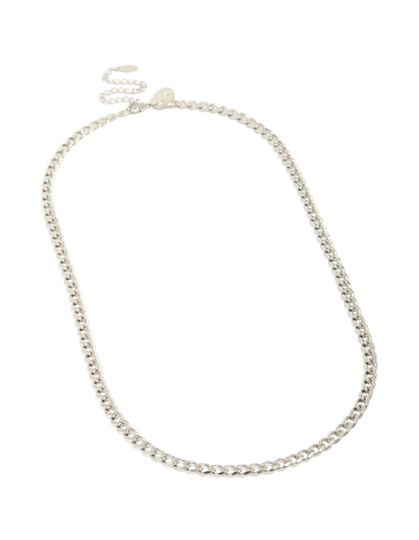 Featuring a mens waterproof stainless steel classic curb link necklace with clasp detail in silver front view