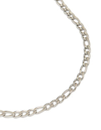 Showcasing a mens waterproof stainless steel classic figaro link necklace in silver close up view - link has visual effect only