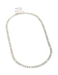 Featuring a mens waterproof stainless steel classic figaro link necklace in silver front view - link has visual effect only