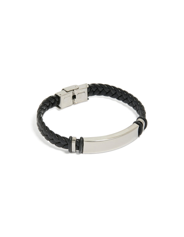 Showcasing a mens waterproof bar bracelet crafted from stainless steel with braided black PU leather band and silver accents front view