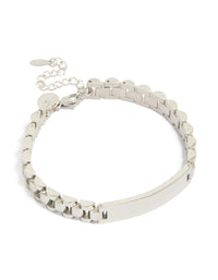 Showcasing a mens waterproof stainless steel large link chain bracelet with bar detail in silver front view - link has visual effect only