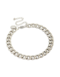 Showcasing a mens waterproof stainless steel large classic curb chain bracelet in silver with chunky styling front view - link has visual effect only
