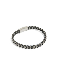 Showcasing a mens waterproof stainless steel and black PU leather braided chain bracelet in silver front view - link has visual effect only