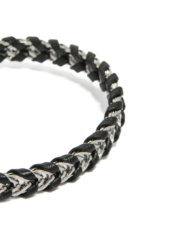 Designed with waterproof stainless steel and black PU leather, this mens braided chain bracelet in silver close up view