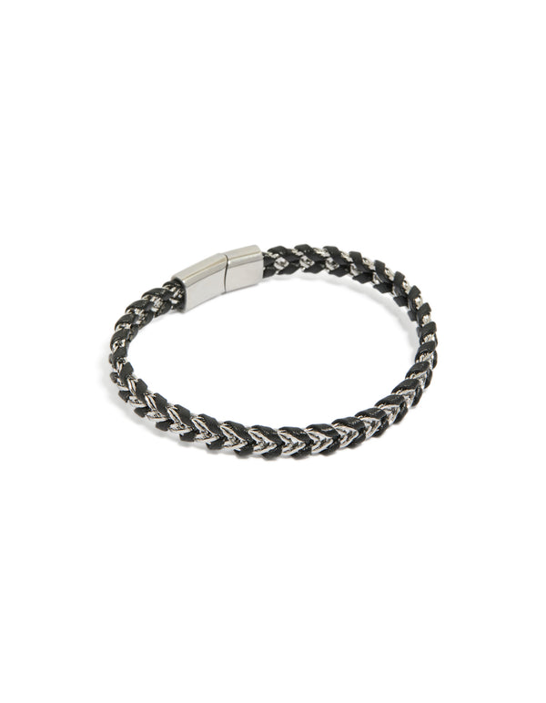 Showcasing a mens waterproof stainless steel and black PU leather braided chain bracelet in silver front view