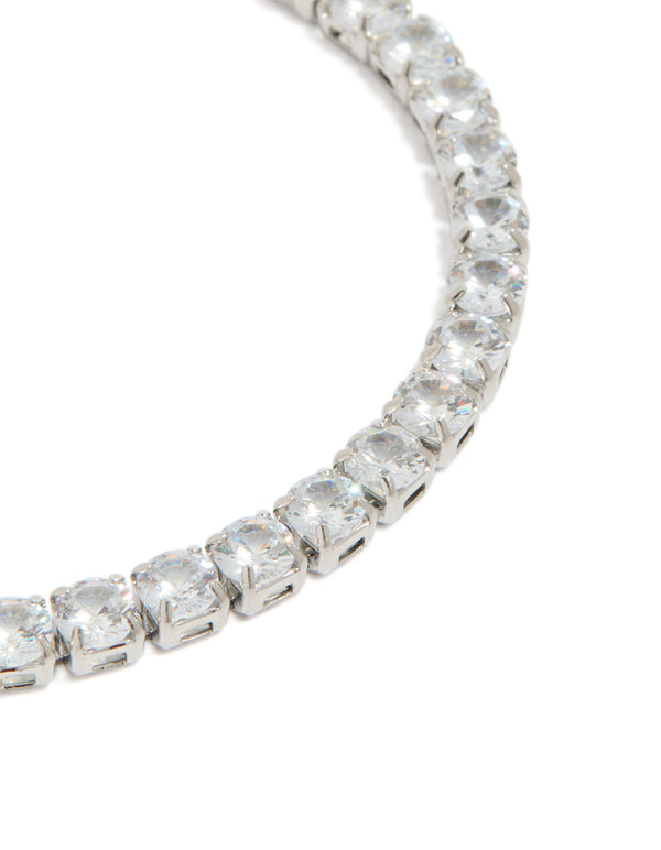 Crafted from waterproof stainless steel featuring large clear cubic zirconia tennis bracelet in silver close up view