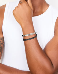 Featuring a bar bracelet with cord, PU leather, and stainless steel materials in waterproof black and silver on wrist view - link has visual effect only