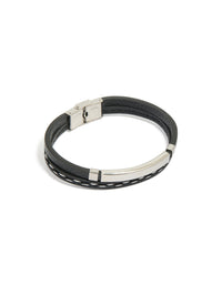 Showcasing a bar bracelet crafted from cord, PU leather, and stainless steel in waterproof black and silver front view - link has visual effect only