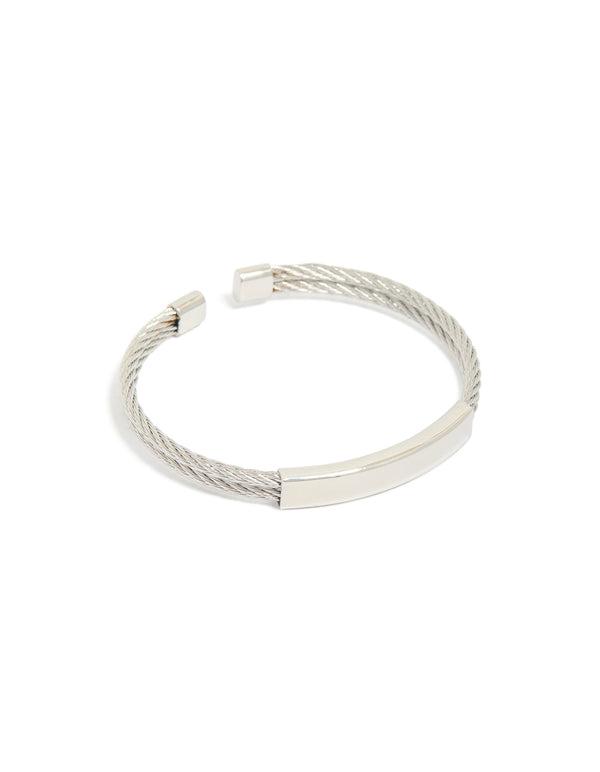 Showcasing a mens waterproof stainless steel twin wire twisted cuff with bar detailing in silver front view