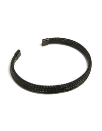 Showcasing a mens waterproof black coated stainless steel woven wrist cuff bracelet front view - link has visual effect only
