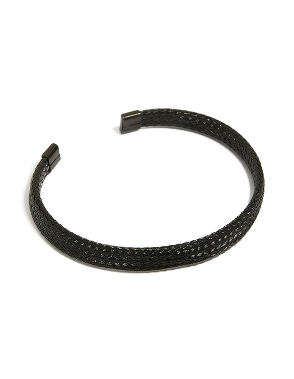 Showcasing a mens waterproof black coated stainless steel woven wrist cuff bracelet front view