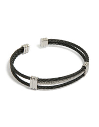 Showcasing a mens waterproof stainless steel black and silver wire twisted wrist cuff bracelet front view - link has visual effect only