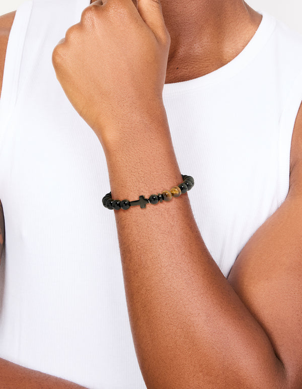 Mens Waterproof  Black Coated Stainless Steel Black Cross  & Tigers Eye Semi Beaded Cross Bracelet