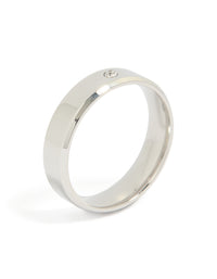 Showcasing a mens waterproof stainless steel band ring with smooth solitaire cubic zirconia crystal in silver and clear side detail view - link has visual effect only