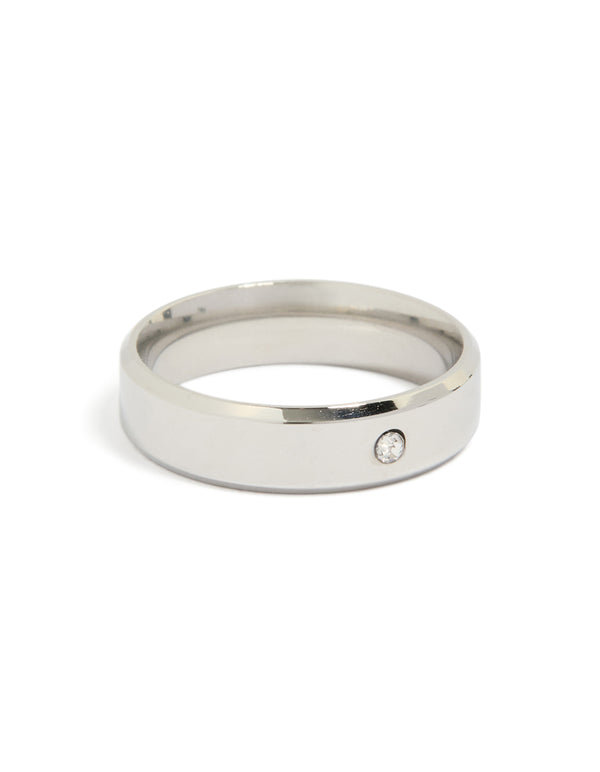 A sleek mens waterproof stainless steel band ring featuring a smooth solitaire cubic zirconia crystal in silver and clear front view