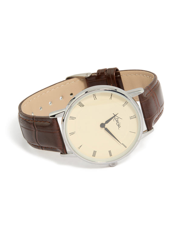 Designed with snake skin details, on a white roman dial, round shape for men, formal occasion styling, brown leather strap, and analog PU leather watch face detail view