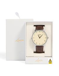 Crafted with snake skin design on a white roman dial, round shape for men, formal occasion styling, brown leather strap, and analog PU leather watch case detail view - link has visual effect only